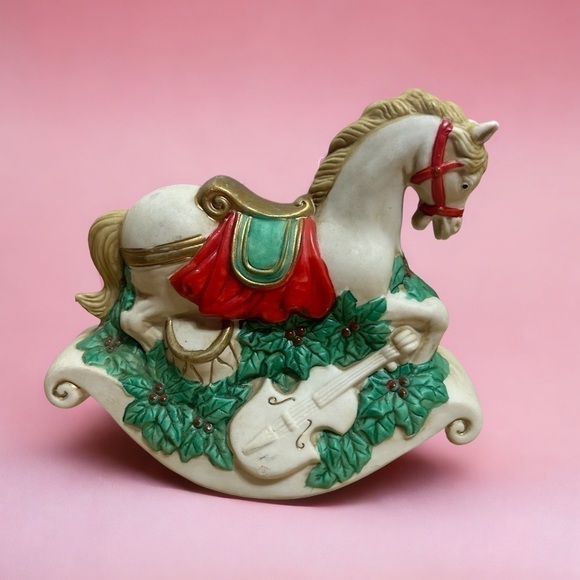 Ceramic Rocking Horse Musical We Wish You a Merry Christmas Home Decor White Red - Picture 1 of 7